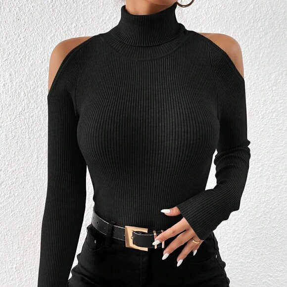 Black Casual Womens Turtleneck Cold Shoulder Ribbed Knit Sweater - Picture 3 of 5